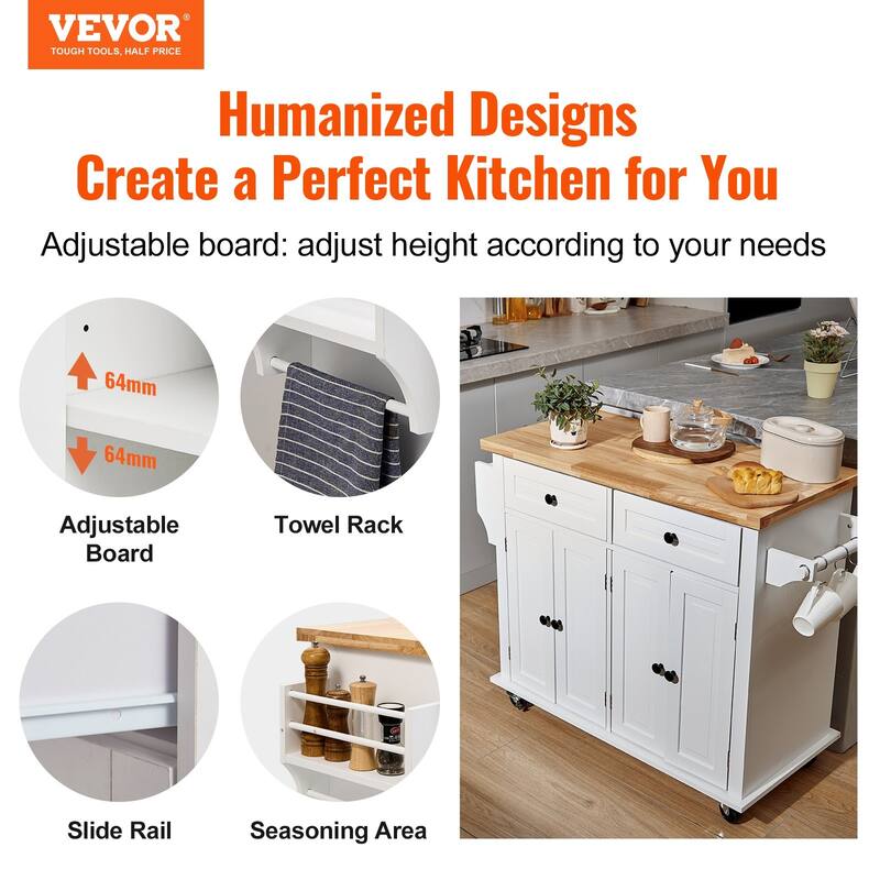 Modern Kitchen Island Portable Kitchen Island with 2 Drawers, Storage Cabinet, Spice Rack and Towel Rack, for Kitchen