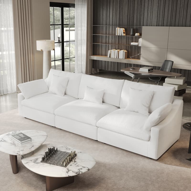 Modern Comfy Linen Sectional Sofa 3-Seater Down Filled Cloud Couch - White