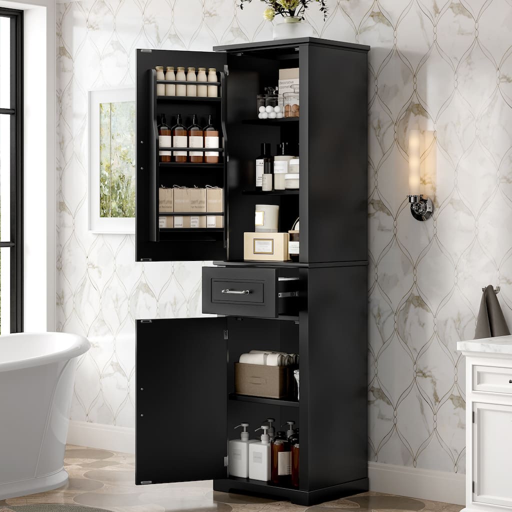 72.2" Tall Bathroom Storage Cabinet - Freestanding with 2 Door Sizes, Adjustable Shelf, MDF Board, Painted Finish