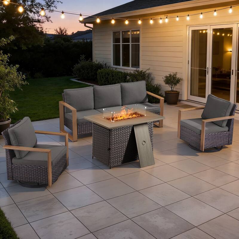 Meyreso Wicker Outdoor Patio Fire Pit Set with Swivel Gliders & 4.5" Olefin Cushions - Brown / Gray Cushions - 4-Piece
