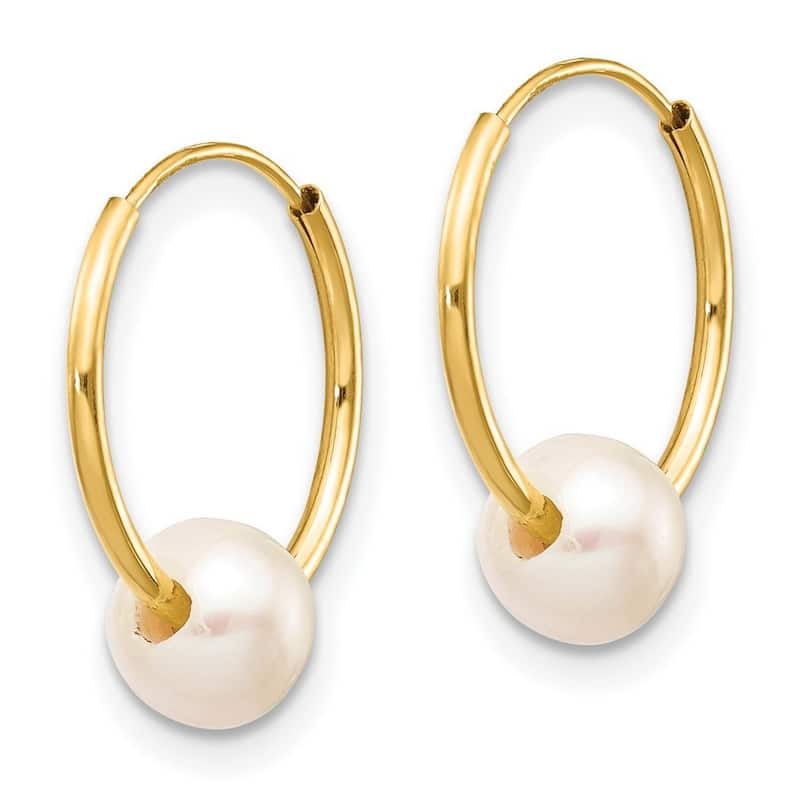 Curata 10k Yellow Gold 5mm Cultured Pearl on 16.5mm Endless Hoop Earrings