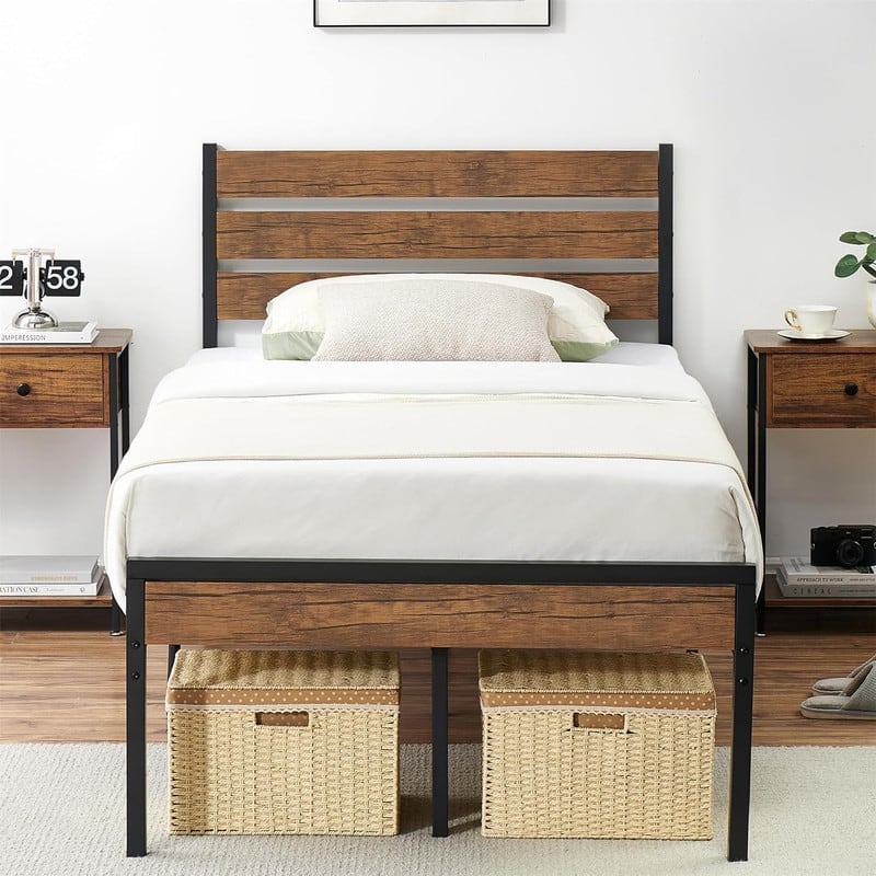Twin Size Platform Bed Frame with Rustic Wood Headboard