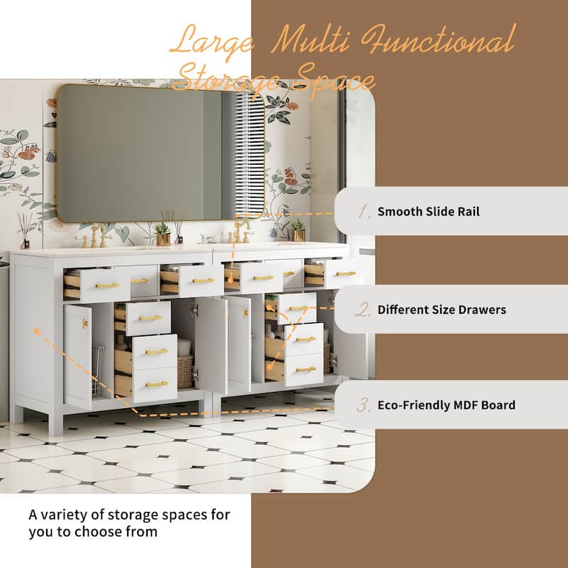 Roomfitters 72" Freestanding Bathroom Vanity with Ceramic Sink, Solid Wood Storage Cabinet with Drawers and Doors