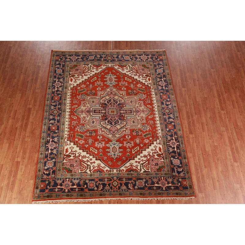 Hand Knotted Oriental 100% Wool Carpet Traditional Medallion Oranges & Rust Heriz (serapi) Area Rug - 9' 10'' X 8' 0''