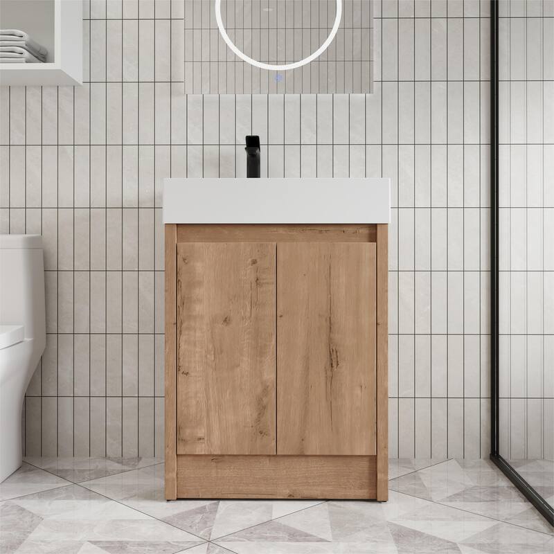 Beingnext 24"/30"/48"/60" Bathroom Vanity with Sink, Freestanding Bathroom Vanity with Soft Close Door - 23.6"W x 18.1"D x 35"H - Imitative Oak with left basin