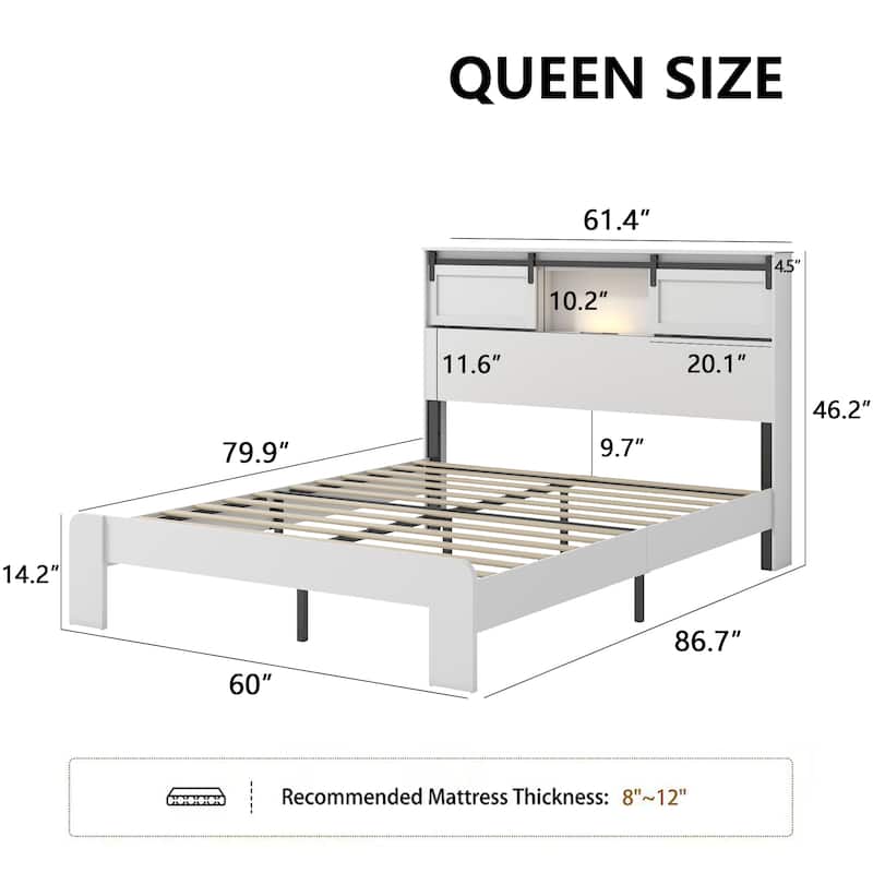 Metal Platform Bed Frame with USB Ports and Storage Headboard, Noise-Free Design, White Queen/King Bed Frame