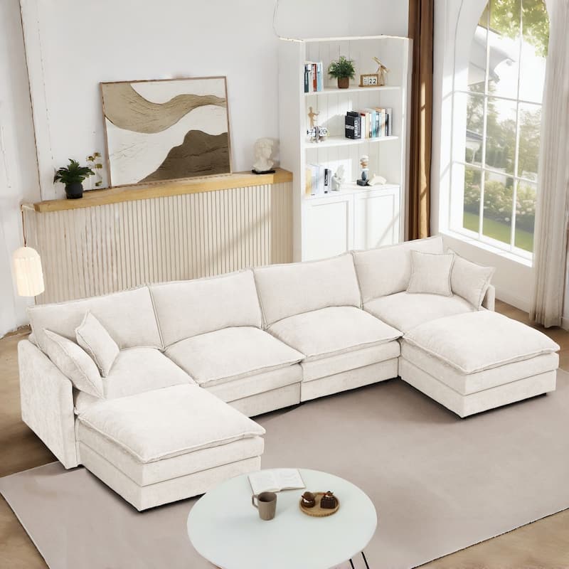 130.7" Modular Chenille U-Shape Sectional Sofa with Movable Ottomans - Beige