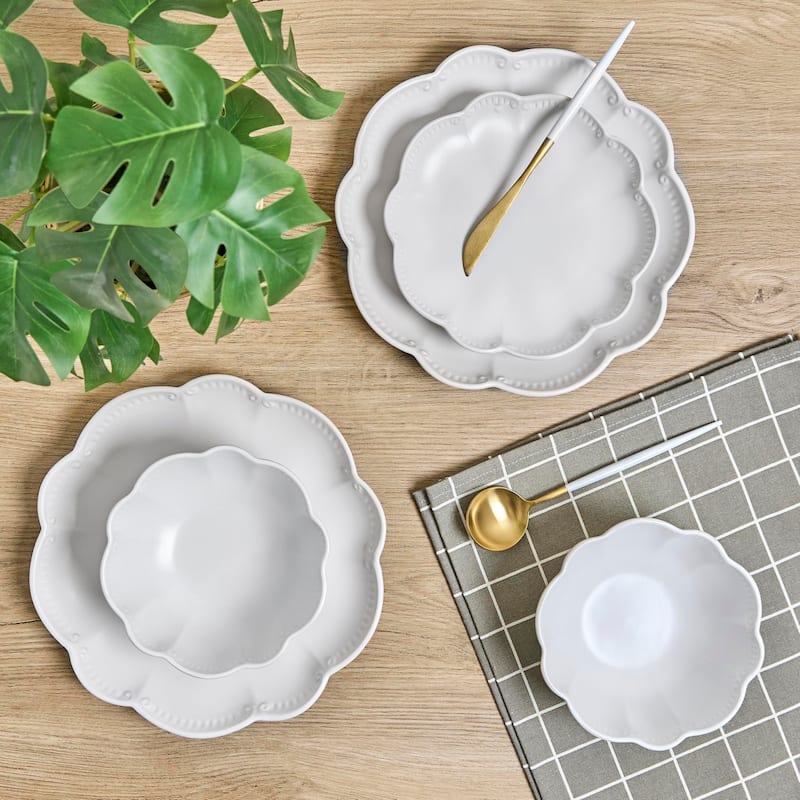 Sango Bethany 12-Piece White Stoneware Dinnerware Set - Service for 4, Scalloped Plate & Bowl Set