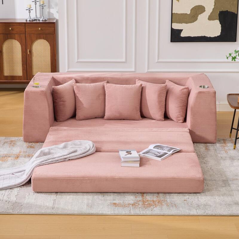 Modern Convertible Loveseat Sofa Bed, Corduroy Fabric Foldable Floor Couch w/5 Pillows, Side Pockets & Cup Holders, No Assembly