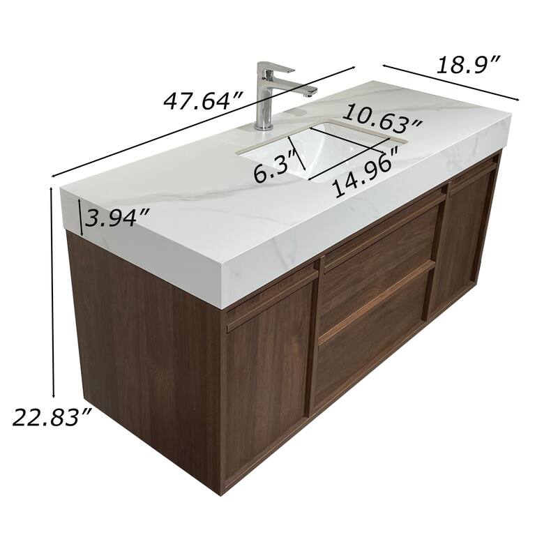 48"Mid Century Modern Wall-Mounted Bathroom Vanities,Single Sink,Brown Wood Texture with Sintered Stone Table top