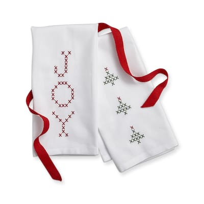 Joy & Tree Themed Embroidered Cross Stitch Design Set of 2 Cotton Guest Towels 22L x 16.0W