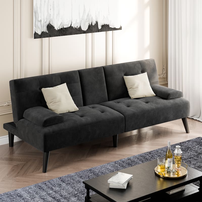 3-in-1 Convertible Sofa Bed with Folding Cup Holders & Adjustable Backrest – Modern Futon with Removable Armrests - Black