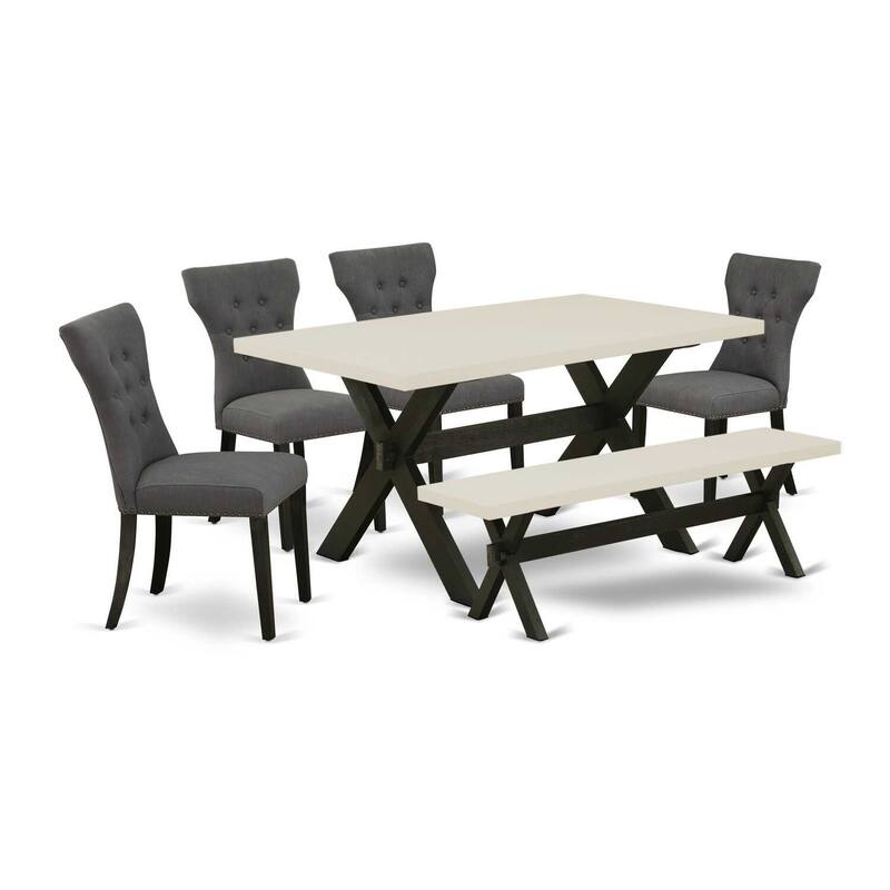 HomeStock 6-Pc Rectangle Natural Oak Finish Solid Wood Top Dining Table with 1-Bench, 4-Chairs