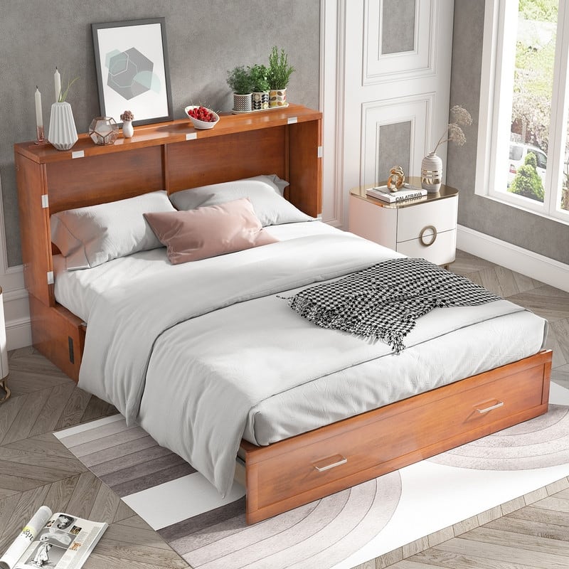Mixoy Queen Murphy Bed Cabinet Bed Chest with Mattress,Drawers,USB Charging Station