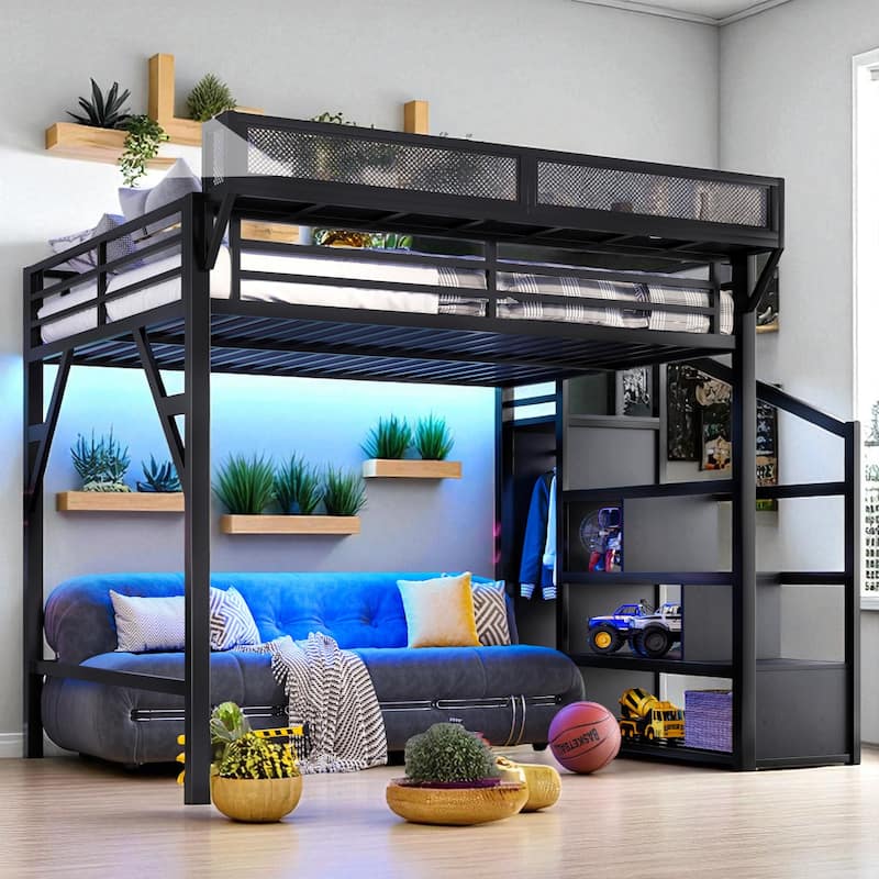 Metal Loft Bed Twin XL/Full/Queen with Storage Stairs, Built-in Wardrobe, USB Ports and LED Lights - Black - Queen