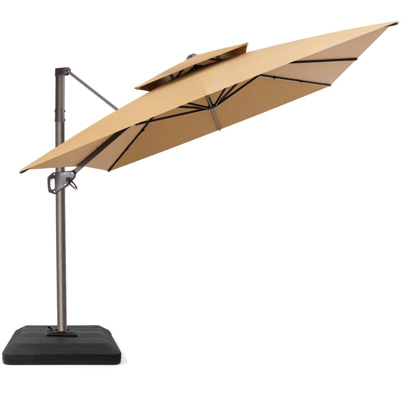 11 × 9 ft Outdoor Patio Offset Cantilever Dual Top Umbrella with 4-Piece Fillable Weighted Base - Tan