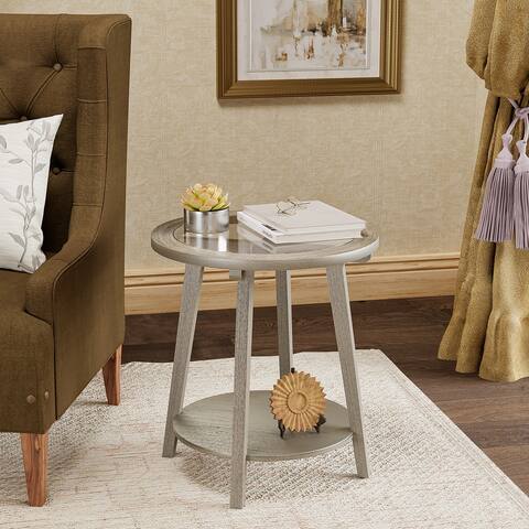 COSIEST Modern Wood Antique Silver 2-Tier Round End Table with Tempered Glass Top - 22" W x 22" D x 24"H