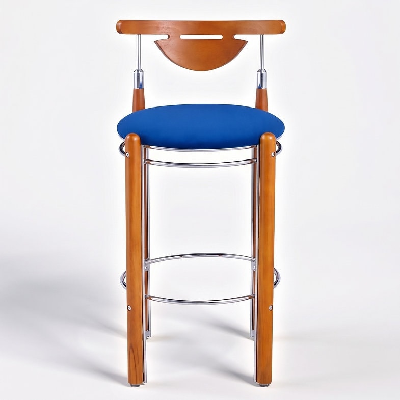 Mid-Century Modern Bar Stool with Solid Beech Wood Legs & Chrome Iron Frame