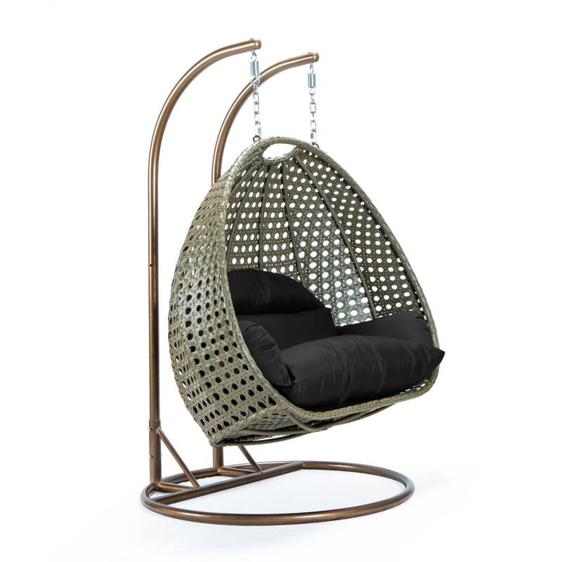 LeisureMod Modern 2-Person Egg Hanging Swing Chair with Beige Wicker, Oxford Fabric Cover, Patio Hammock Lounger and Cushions - Black