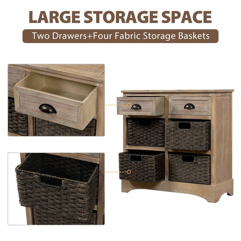 Rustic Storage Cabinet with Two Drawers and Four Classic Rattan Basket