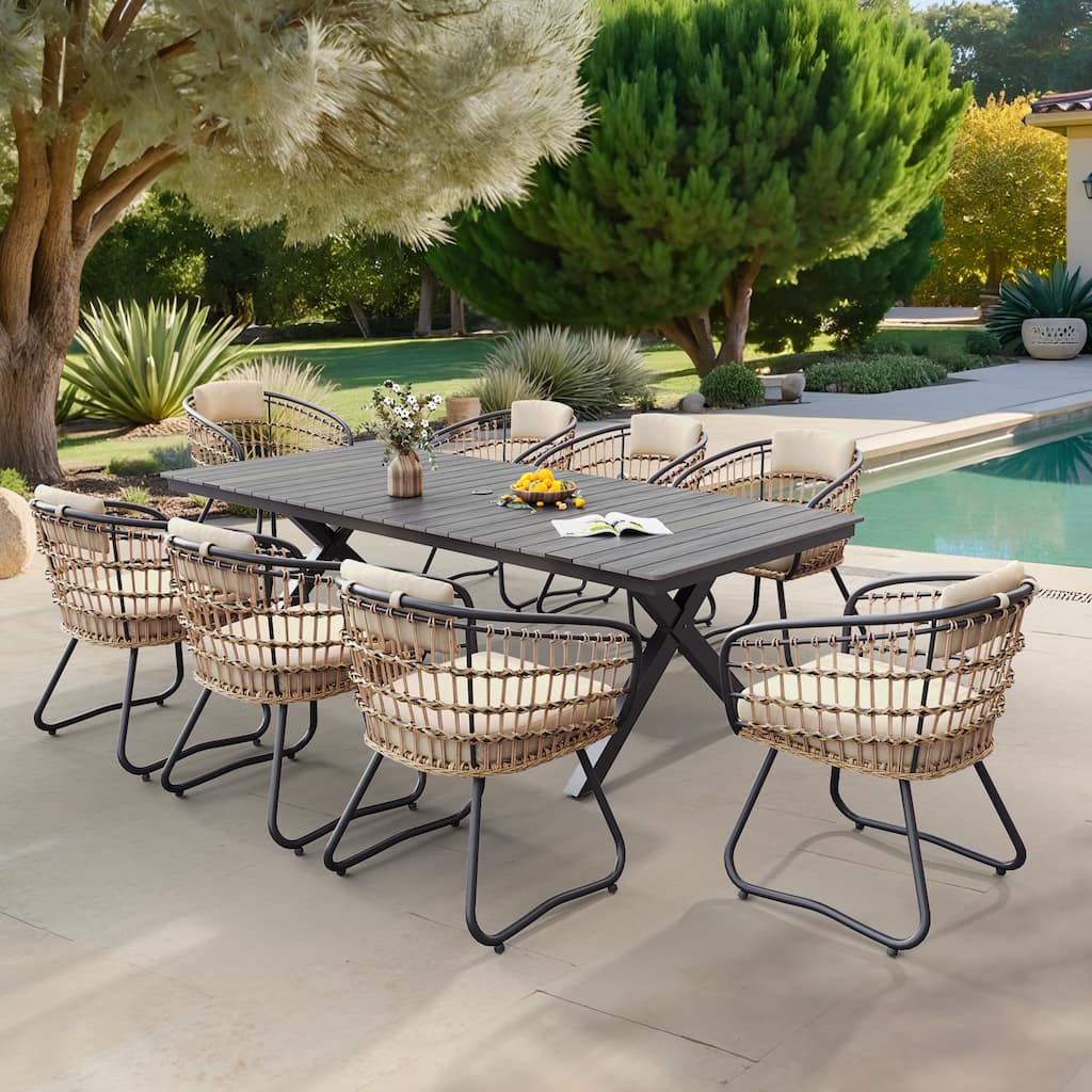 9PC Outdoor Patio Aluminum X-Frame Dining Set Table with Rattan Chairs Umbrella Hole