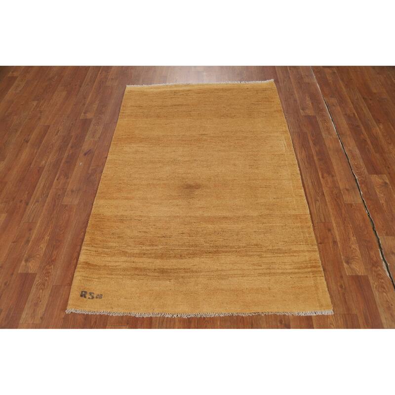 Modern Gabbeh Oriental Foyer Rug Hand-Knotted Yellow Wool Carpet - 3'3"x 4'11"