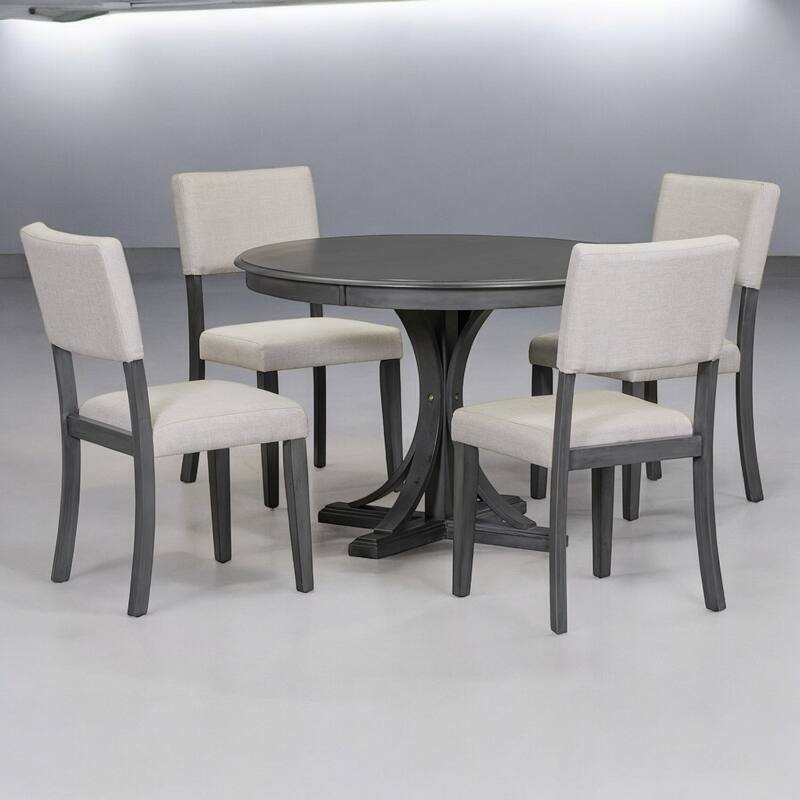 5-Piece Retro Round Dining Table Set with Upholstered Chairs - Solid Wood, Curved Legs for Dining Room and Kitchen