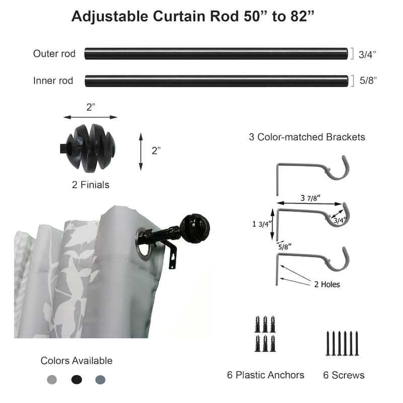 Adjustable Single Curtain Rod 50"-82" with Spiral Finials and Brackets, Available in Taupe, Gray, or Black