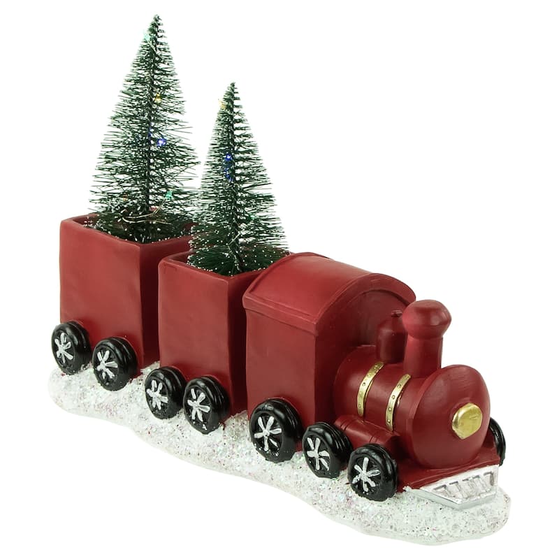 12" Red and Gold Christmas Train With LED Lighted Frosted Trees Tabletop Decoration