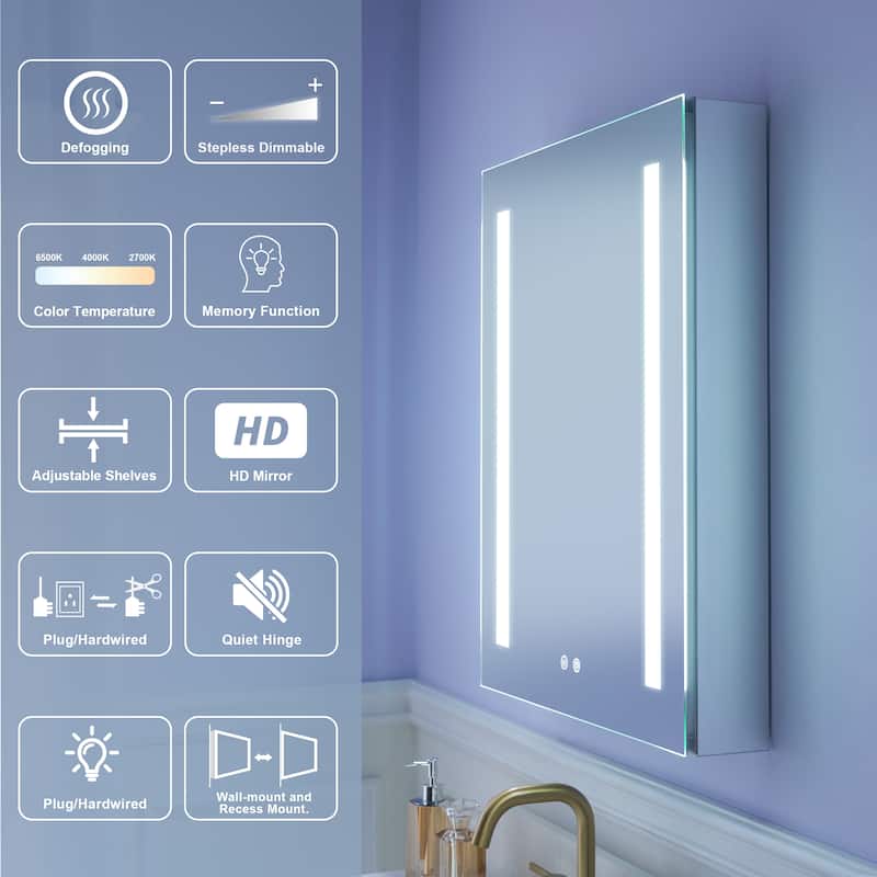 Recessed or Surface 30" H LED Mirror Cabinet with Adjustable Glass Shelves,Defogger, Dimmer And Outlets & USB Ports