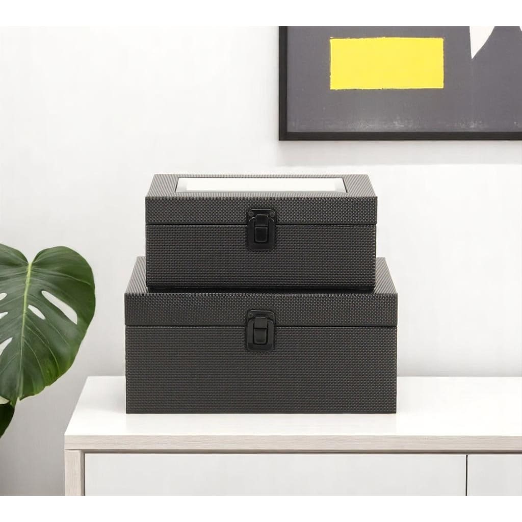 Set Of Two Black Faux Leather And Mirrored Glass Jewelry Boxes
