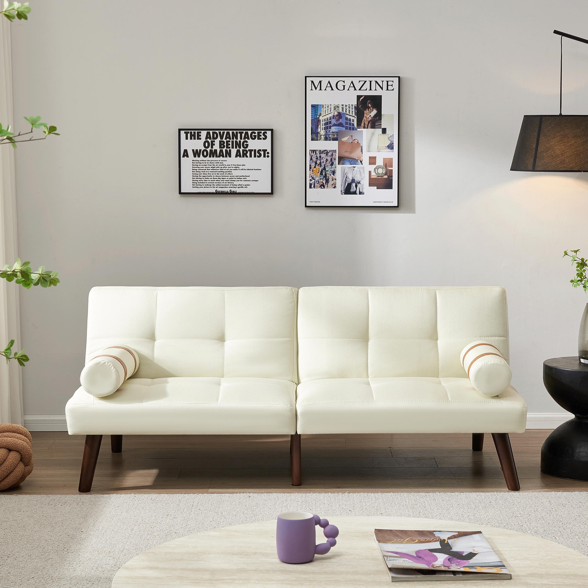 Convertible Sofa Bed Futon with Solid Wood Legs in Linen Fabric