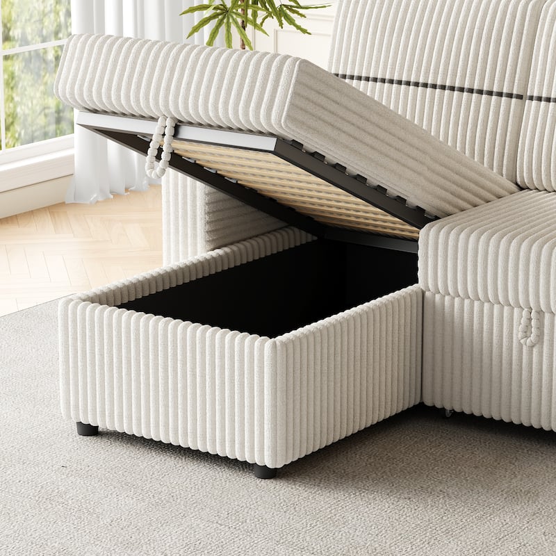 3-Seater Sleeper Sofa Bed with Corduroy Fabric, Storage Chaise, USB Charger, and Cup Holders