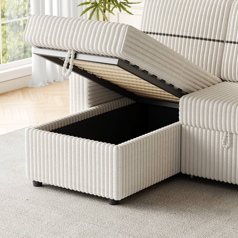 Pull-Out Sofa Bed with Storage Chaise, USB Port, and Cup Holders - 3-Seater Sleeper Couch