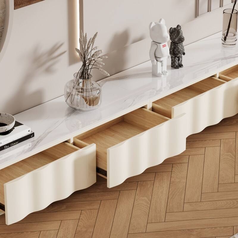 Modern Cream TV Stands with 3-6 Drawers, White Media Console with Glossy Sintered Stone Tabletop