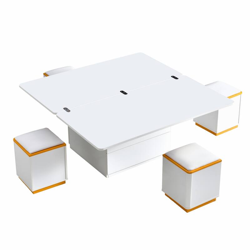 Multi-Functional Lift-Top Coffee Table with 4 Storage Stools,with Foldable Top,for Living Room