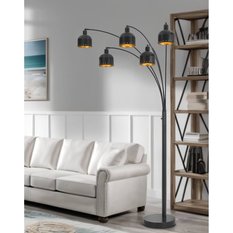 60W x 5, 3 way Ellington arc floor lamp with metal gold tone shades and heavy weighted base - One Size