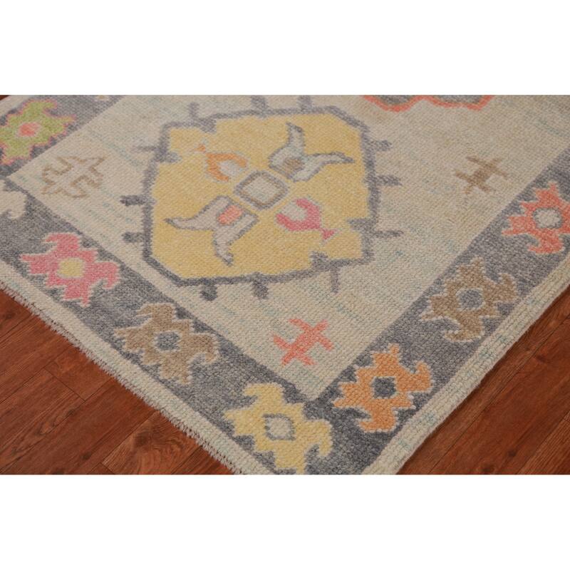Hand Knotted Oriental 100% Wool Carpet Transitional Geometric Beige & Ivories Oushak Runner Rug - 9' 2'' X 3' 1''