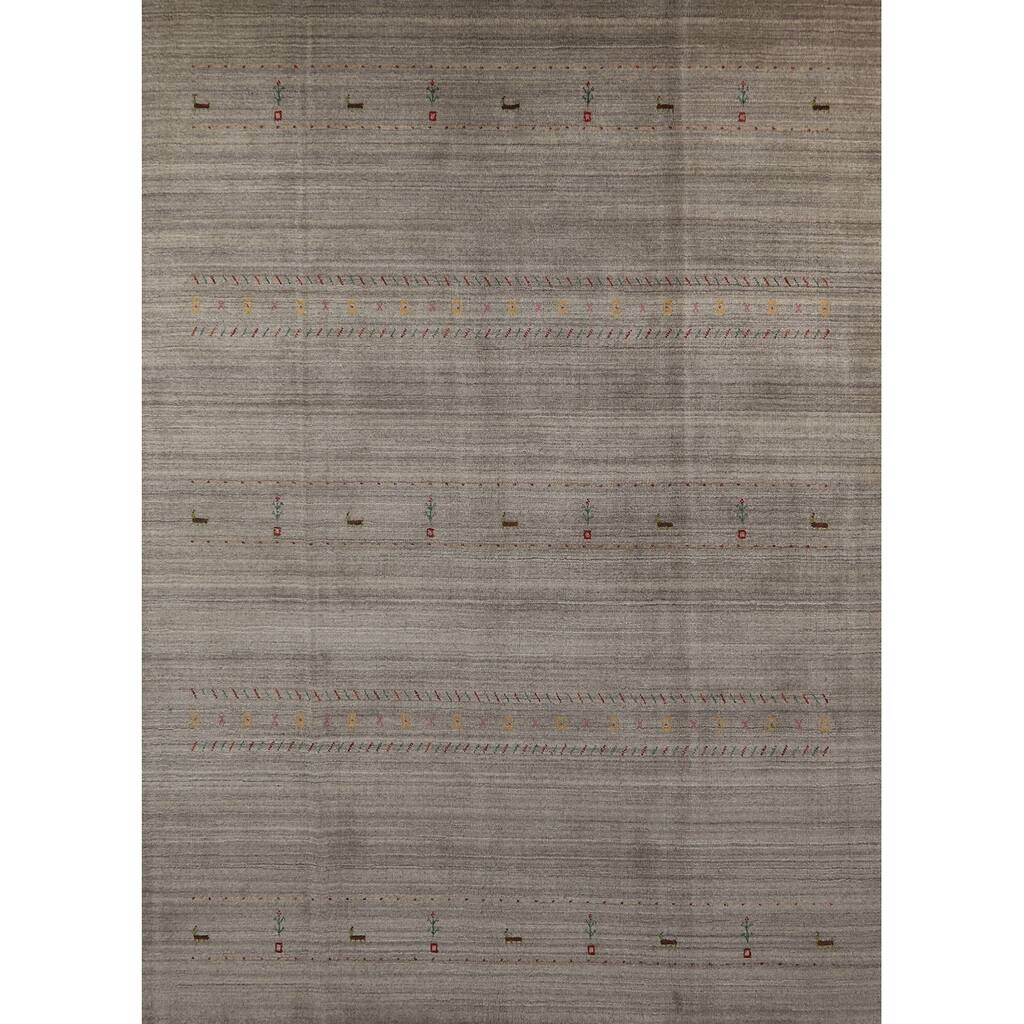 Hand Knotted Oriental 100% Wool Carpet Tribal Animal Pictorial Greys & Charcoal Gabbeh Area Rug - 9' 9'' X 7' 11''