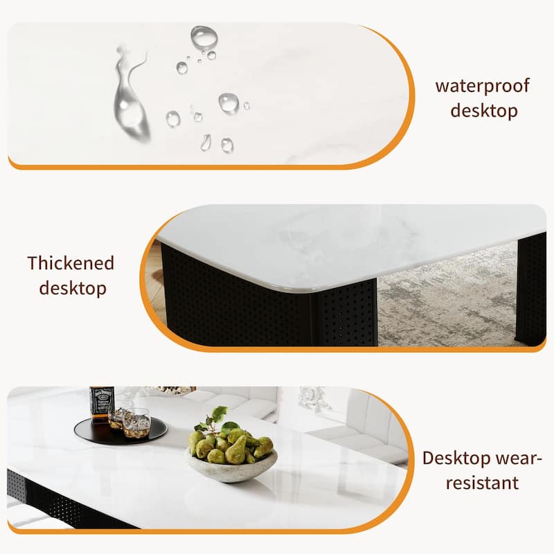 Modern Rectangular Tempered Glass Dining Table, Marble-Patterned Design with Black Dual-Pedestal Metal Base for Dining Room