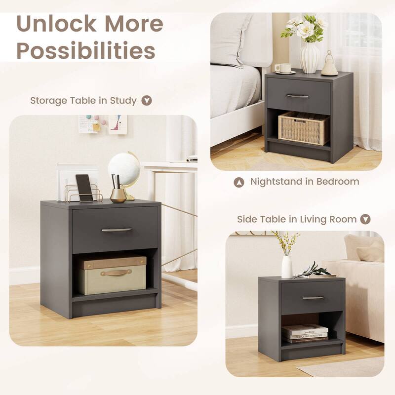Costway Modern Nightstand Bedside Table with Drawer Open Storage Shelf