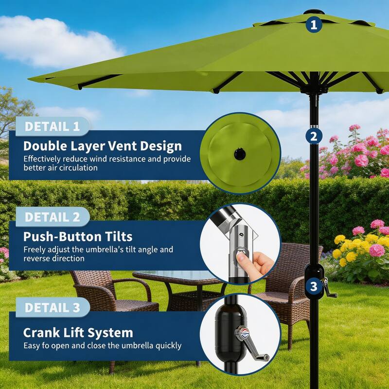10ft Outdoor Patio Umbrella, with Crank Lift & Push Button Tilt, UV Protection Waterproof
