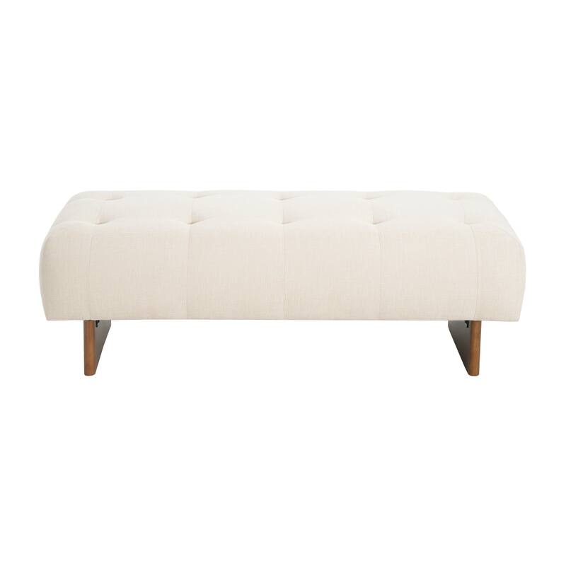 Roomfitters Rectangular Upholstered Ottoman Bench with Tufted Linen Fabric and Solid Wood Legs, Beige