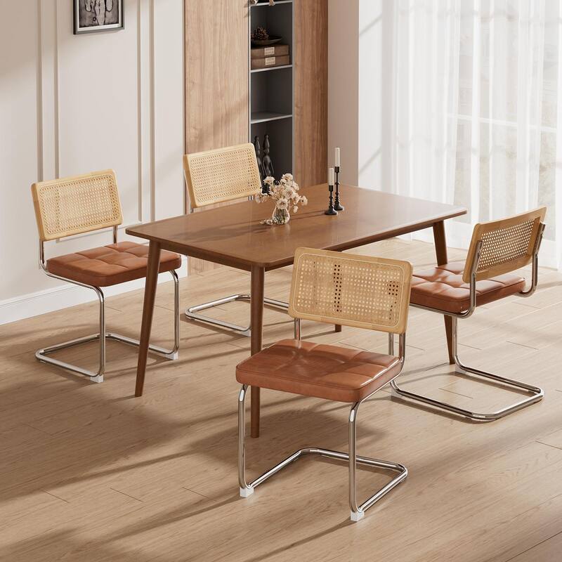 Natural Rattan Dining Chairs Set of 2, Modern Dining Room Chairs with Solid Wood Back,Upholstered Faux Leather