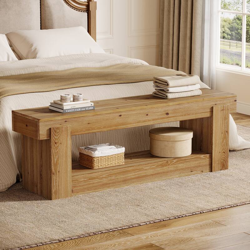 63 Inch Solid Wood Shoe Bench Entryway with Storage, 2-Tier Storage Bench for Bedroom End of Bed