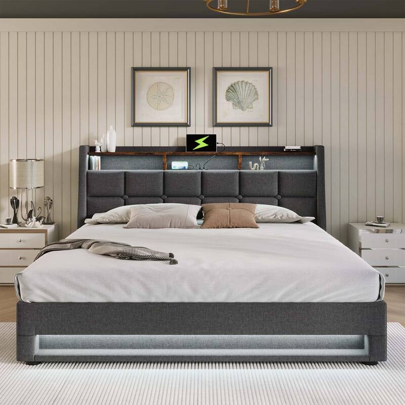Vintage Design Platform Bed with Hydraulic Storage,LED, and USB Charging,(Mattress Not Included) - Grey--Queen Size