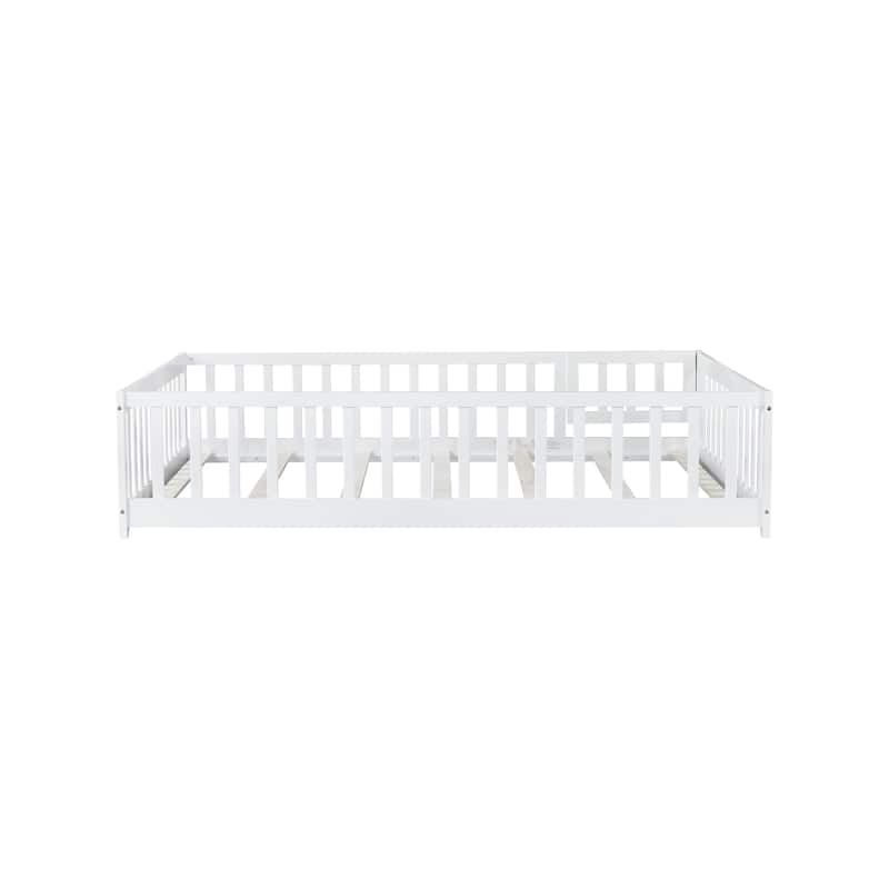 Full Size Floor Bed with Fence and Door,Rubber Wood Floor Bed with Safety Guardrails