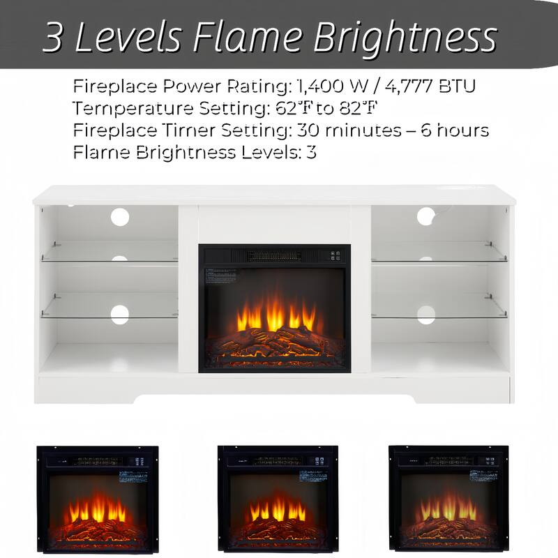 Modern 3D Fireplace TV Stand with USB Ports, LED Color Options, and Glass Storage Shelves for TVs 32-62'' - Black