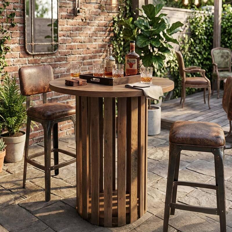 Round Bar Table, 37.4" High Bistro Pub Table for Kitchen, Dining Room, Home Bar - 31.5" D x 31.5" W x 37.4" H