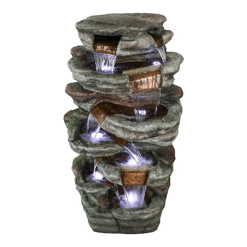 7-Tier Rock Water Fountain w/LED Lights Outdoor Water Feature for Home